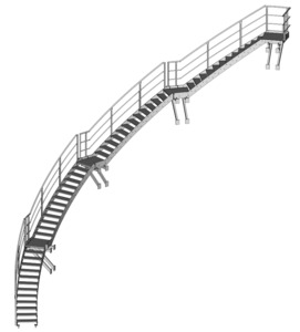 Mantelbogentreppe für Tankbehälter Ø 15,0m, Höhe 9,16m, Treppenläufe aus stahl feuerverzinkt, Geländer Edelstahl 1.4301