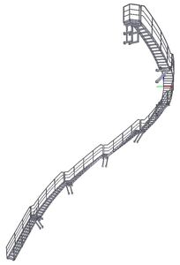 Manteilbogentreppe, Höhe 20,731m, 7 Treppenläufe, 6 Ruhepodeste, 1 Austrittspodest, Wangen, Konsolen u. Gitterroststufen aus Stahl verzinkt, Geländer aus V2A-Edelstahl