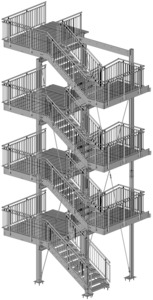 Fluchttreppe mit Blechprofilroste, Geländer mit Edelstahl-Handlauf